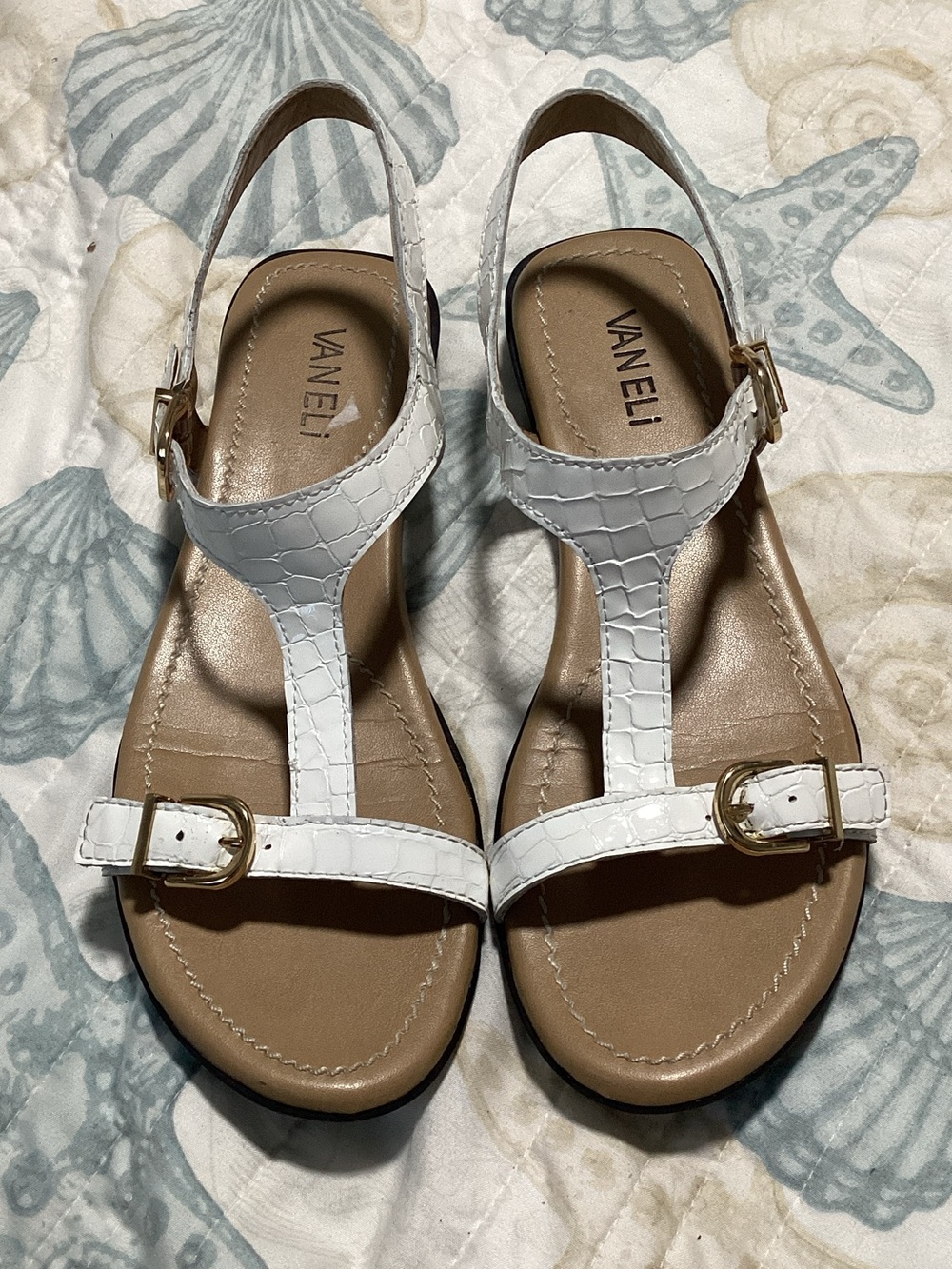 Vaneli White Croc-Embossed T-Strap Slingback Sandals